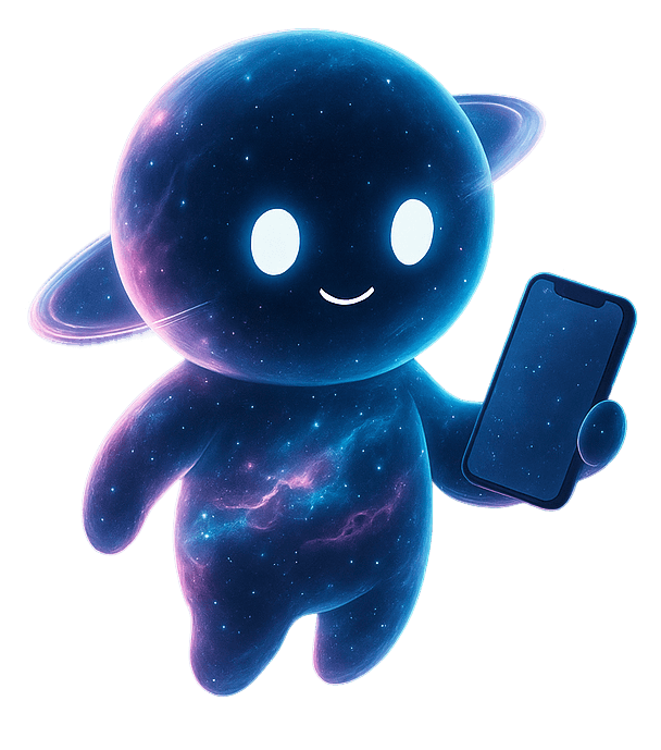 Nebula AI mascot - a cosmic character holding a phone