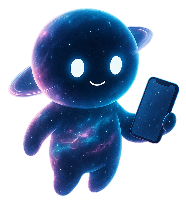 Nebula AI mascot - a cosmic character holding a phone